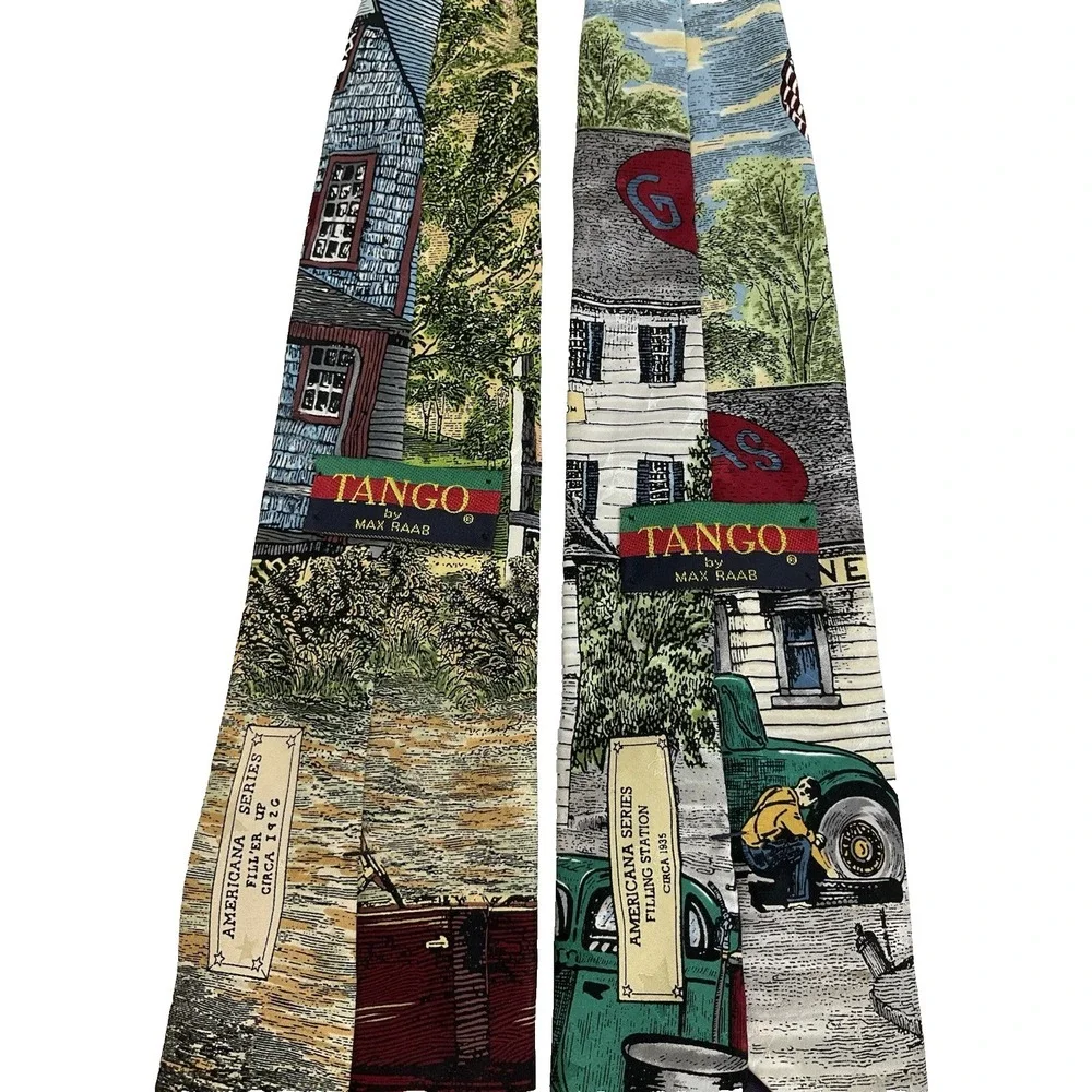 Vintage Tango Max Raab‎ Silk Tie Lot 2 Americana Series Gas Station Car 90s